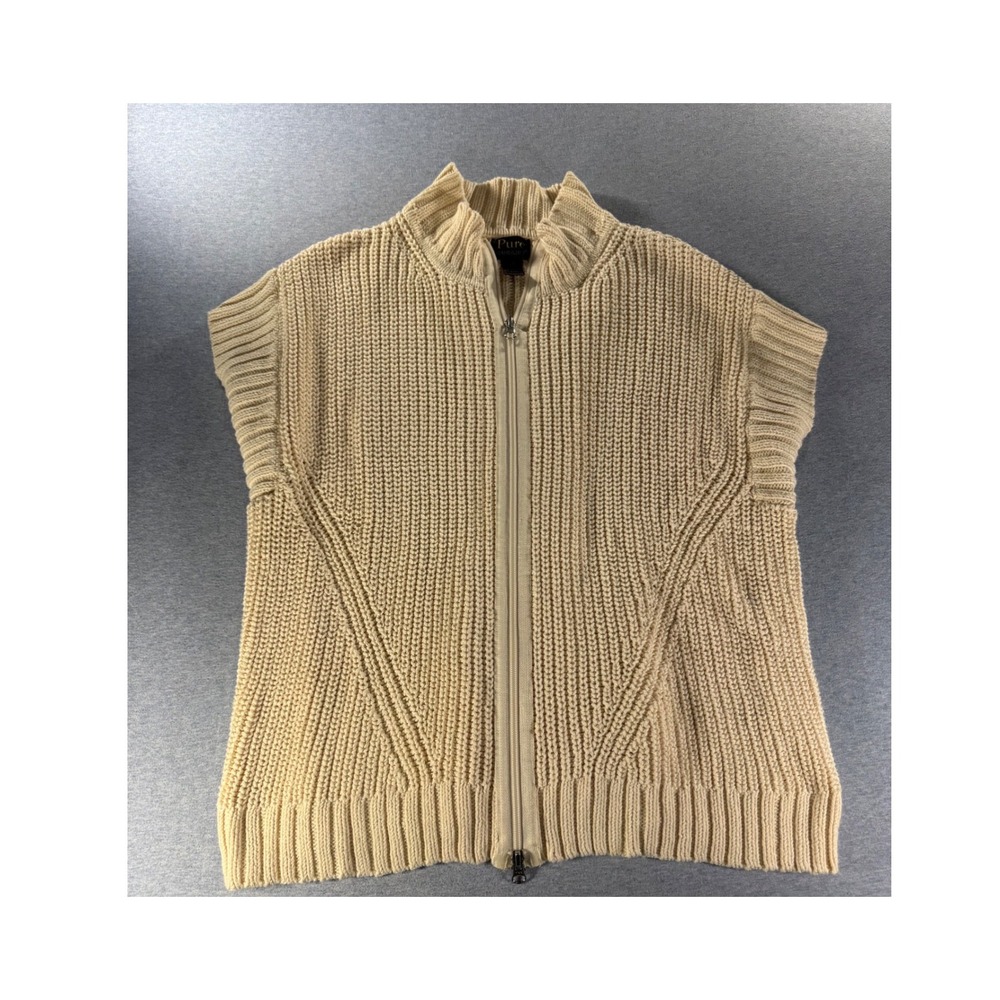 Pure Handknit Cream Cotton Chunky Ribbed Full Zip Sweater Vest Mock Neck S/M